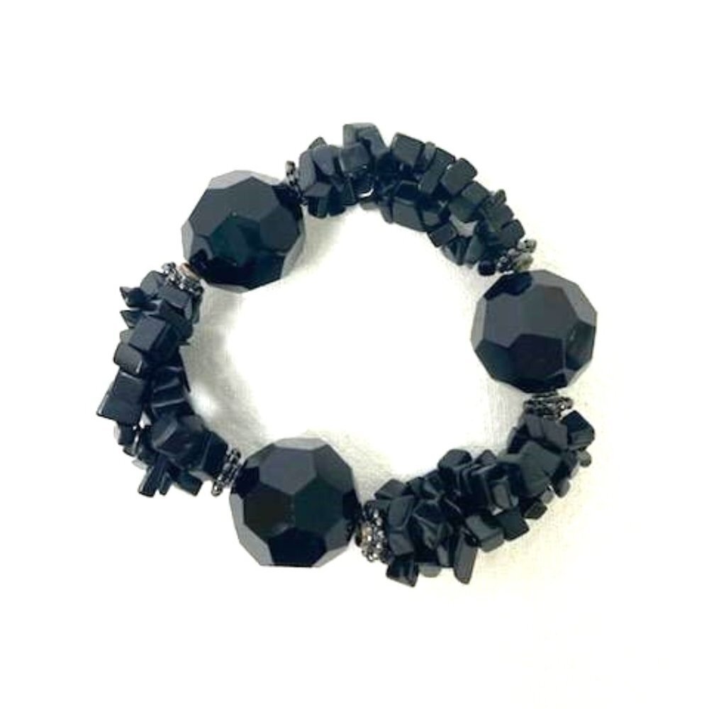 Black Glass & Stone Beaded Stretch Bracelet